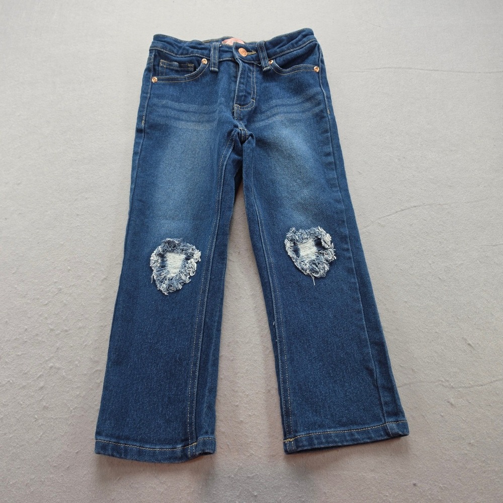 BCBG Girls Blue Distressed Straight Leg Jeans Size 5 Rose Gold Y2K School Cool